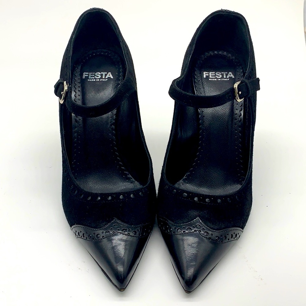 Fiesta  Italian Women’s Leather Suede Pointed Toe Buckle Latch Black Heel EU 37